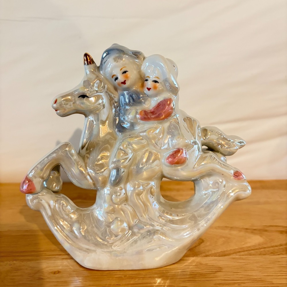 Vintage Porcelain Lusterware Ceramic Children Riding Unicorn Figurine